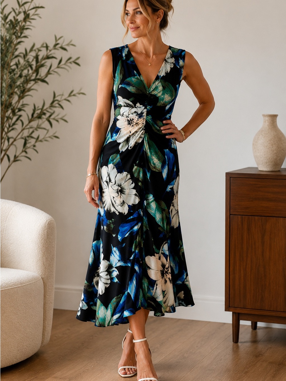 White House Black Market Black Floral Twist-Waist Midi Dress